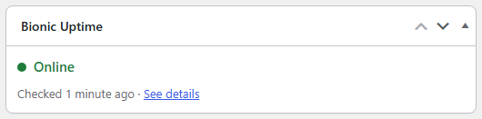 The Bionic Uptime box on a WordPress dashboard, showing Online, checked 1 minute ago, with a See details link.